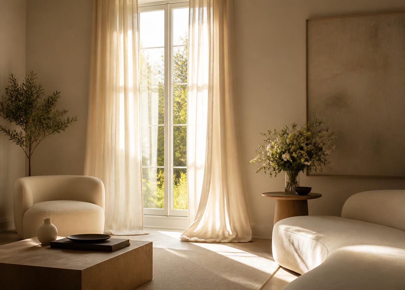 Morning light through a tall window in a calm living room