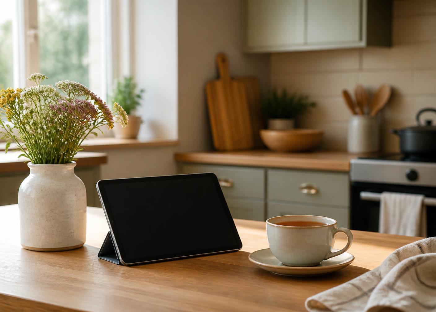 A tablet propped on a kitchen table beside a cup of tea and flowers